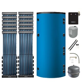 Buderus Solar-Paket Logaplus S82 blau, 10x Flachkollektor SKR10 CPC senkrecht 12,20 m², Marani Kombispeicher HS1000, Solarstation KS0110 SM200/2 mit integr. Solarmodul, Solar Fluid, Anschluss-Set, Montage-Set Aufdach Pfanne/Ziegel - 7739606379
