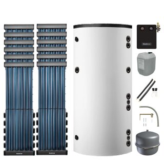 Buderus Solar-Paket Logaplus S82 weiß, 10x Flachkollektor SKR10 CPC senkrecht 12,20 m², Marani Kombispeicher HS1000, Solarstation KS0110 SM200/2 mit integr. Solarmodul, Solar Fluid, Anschluss-Set, Montage-Set Aufdach Pfanne/Ziegel - 7739606380