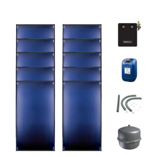 Buderus Solar-Paket Logaplus S98 für Trinkwasser / Trinkwasser u. Heizung 25,50 m², 10x Flachkollektor SKT1.0 senkrecht, Solarstation KS0110/2 HE mit Hocheffizienzpumpe, Solar Fluid, Anschluss-Set, Montage-Set Pfanne/Ziegel - 7739603275