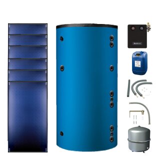 Buderus Solar-Paket Logaplus S92 blau, 6x Flachkollektor SKT1.0 senkrecht 15,30 m², Marani Kombispeicher HS1000, Solarstation KS0110 SM200/2 mit integr. Solarmodul, Solar Fluid, Anschluss-Set, Montage-Set Aufdach Pfanne/Ziegel - 7739603051