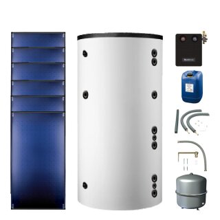 Buderus Solar-Paket Logaplus S92 weiß, 6x Flachkollektor SKT1.0 senkrecht 15,30 m², Marani Kombispeicher HS1000, Solarstation KS0110 SM200/2 mit integr. Solarmodul, Solar Fluid, Anschluss-Set, Montage-Set Aufdach Pfanne/Ziegel - 7739603052
