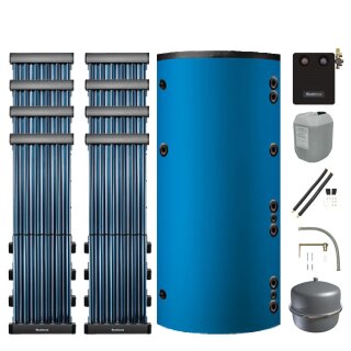 Buderus Solar-Paket Logaplus S82 blau, 8x Vakuumröhrenkollektor SKR10 CPC senkrecht 9,76 m², Marani Kombispeicher HS750, Solarstation KS0110 SM200/2 mit integr. Solarmodul, Solar Fluid, Anschluss-Set, Montage-Set Aufdach Pfanne/Ziegel - 7739606377