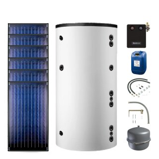 Buderus Solar-Paket Logaplus S76 weiß, 6x Flachkollektor SKN4.0 senkrecht 14,22 m², Marani Kombispeicher HS1000, Solarstation KS0110 SM200/2 mit integr. Solarmodul, Solar Fluid, Anschluss-Set, Montage-Set Aufdach Pfanne/Ziegel - 7739601824