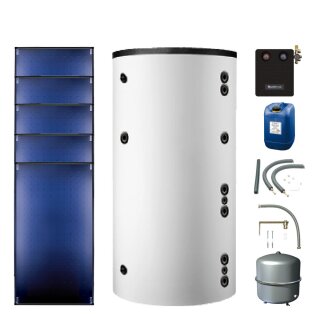 Buderus Solar-Paket Logaplus S92 weiß, 5x Flachkollektor SKT1.0 senkrecht 12,75 m², Marani Kombispeicher HS750, Solarstation KS0110 SM200/2 mit integr. Solarmodul, Solar Fluid, Anschluss-Set, Montage-Set Aufdach Pfanne/Ziegel - 7739603050