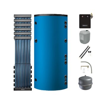 Buderus Solar-Paket Logaplus S82 blau, 6x Flachkollektor SKR10 CPC senkrecht 7,32 m², Marani Kombispeicher HS750, Solarstation KS0110 SM200/2 mit integr. Solarmodul, Solar Fluid, Anschluss-Set, Montage-Set Aufdach Pfanne/Ziegel - 7739606375