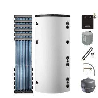 Buderus Solar-Paket Logaplus S82 weiß, 6x Flachkollektor SKR10 CPC senkrecht 7,32 m², Marani Kombispeicher HS750, Solarstation KS0110 SM200/2 mit integr. Solarmodul, Solar Fluid, Anschluss-Set, Montage-Set Aufdach Pfanne/Ziegel - 7739606376