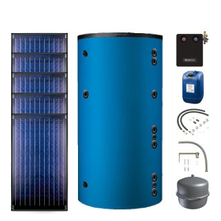 Buderus Solar-Paket Logaplus S76 blau, 5x Flachkollektor SKN4.0 senkrecht 11,85 m², Marani Kombispeicher HS750, Solarstation KS0110 SM200/2 mit integr. Solarmodul, Solar Fluid, Anschluss-Set, Montage-Set Aufdach Pfanne/Ziegel - 7739601821