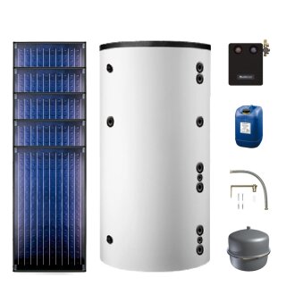 Buderus Solar-Paket Logaplus S76 weiß, 5x Flachkollektor SKN4.0 senkrecht 11,85 m², Marani Kombispeicher HS750, Solarstation KS0110 SM200/2 mit integr. Solarmodul, Solar Fluid - 7739601822
