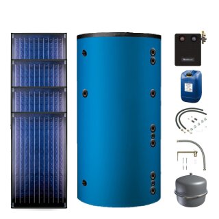 Buderus Solar-Paket Logaplus S76 blau, 4x Flachkollektor SKN4.0 senkrecht 9,48 m², Marani Kombispeicher HS750, Solarstation KS0110 SM200/2 mit integr. Solarmodul, Solar Fluid, Anschluss-Set, Montage-Set Aufdach Pfanne/Ziegel - 7739601819