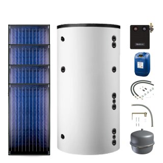 Buderus Solar-Paket Logaplus S76 weiß, 4x Flachkollektor SKN4.0 senkrecht 9,48 m², Marani Kombispeicher HS750, Solarstation KS0110 SM200/2 mit integr. Solarmodul, Solar Fluid, Anschluss-Set, Montage-Set Aufdach Pfanne/Ziegel - 7739601820