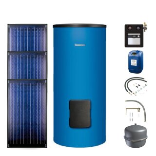 Buderus Solar-Paket Logaplus S2 für Trinkwasser 7,11 m² blau, 3x Flachkollektor SKN4.0 senkrecht, WW-Speicher SM300, Solarstation KS0110 SC20/2 mit integr. Regelung , Solar Fluid, Anschluss-Set, Montage-Set Pfanne/Ziegel - 7739606276