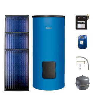Buderus Solar-Paket Logaplus S2 für Trinkwasser 7,11 m² blau, 3x Flachkollektor SKN4.0 senkrecht, WW-Speicher SM300, Solarstation KS0110 SC20/2 mit integr. Regelung, Solar Fluid - 7739606278