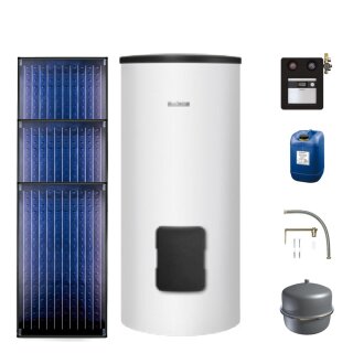 Buderus Solar-Paket Logaplus S2 für Trinkwasser 7,11 m² weiß, 3x Flachkollektor SKN4.0 senkrecht, WW-Speicher SM300, Solarstation KS0110 SC20/2 mit integr. Regelung, Solar Fluid - 7739606279