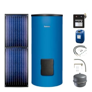 Buderus Solar-Paket Logaplus S2 blau, 2x Flachkollektor SKN4.0 senkrecht 4,74 m², WW-Speicher SM300, Solarstation KS0110 SC20/2 mit integr. Regelung, Solar Fluid, Anschluss-Set, Montage-Set Aufdach Pfanne/Ziegel - 7739606272