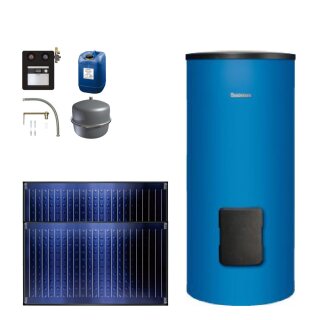 Buderus Solar-Paket Logaplus S2 für Trinkwasser 4,74 m² blau, 2x Flachkollektor SKN4.0 waagerecht, WW-Speicher SM300, Solarstation KS0110 SC20/2 mit integr. Regelung, Solar Fluid - 7739607047