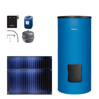 Buderus Solar-Paket Logaplus S69 für Trinkwasser 4,74 m²  blau, 2x Flachkollektor SKN4.0 waagerecht, WW-Speicher SM300, Solarstation KS0110 SM100/2 mit integr. Solarmodul, Solar Fluid - 7739607053