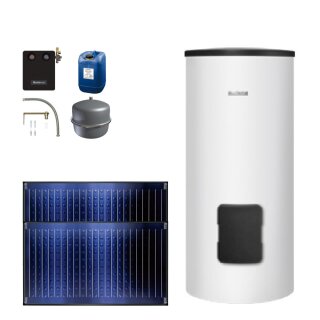 Buderus Solar-Paket Logaplus S69 für Trinkwasser 4,74 m² weiß, 2x Flachkollektor SKN4.0 waagerecht, WW-Speicher SM300, Solarstation KS0110 SM100/2 mit integr. Solarmodul, Solar Fluid - 7739607054