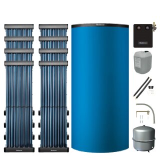 Buderus Solar-Paket Logaplus S116 blau, 8x Vakuumröhrenkollektor SKR10 CPC senkrecht 9,76 m², Kombispeicher P750 S, Solarstation KS0110 SM200/2 mit integr. Solarmodul, Solar Fluid, Anschluss-Set, Montage-Set Aufdach Pfanne/Ziegel - 7739612899