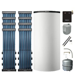 Buderus Solar-Paket Logaplus S116 weiß, 8x Vakuumröhrenkollektor SKR10 CPC senkrecht 9,76 m², Kombispeicher P750 S, Solarstation KS0110 SM200/2 mit integr. Solarmodul, Solar Fluid, Anschluss-Set, Montage-Set Aufdach Pfanne/Ziegel -7739612900