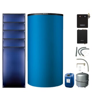 Buderus Solar-Paket Logaplus S94 blau, 5x Flachkollektor SKT1.0 senkrecht 12,75 m², Pufferspeicher PNR750-C, Frischwasserstation FS/2, Solarstation KS0110 SM200/2 mit integr. Solarmodul, Solar Fluid, Anschluss-Set, Montage-Set Aufdach - 7739610793