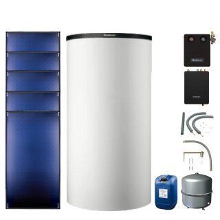 Buderus Solar-Paket Logaplus S94 weiß, 5x Flachkollektor SKT1.0 senkrecht 12,75 m², Pufferspeicher PNR750-C, Frischwasserstation FS/2, Solarstation KS0110 SM200/2 mit integr. Solarmodul, Solar Fluid, Anschluss-Set, Montage-Set Aufdach - 7739610794