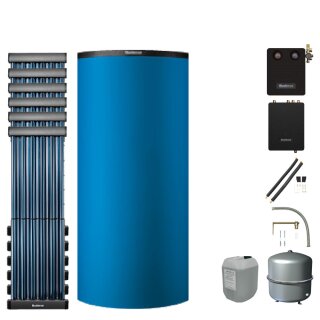 Buderus Solar-Paket Logaplus S83 blau, 6x Vakuumröhrenkollektor SKR10 CPC 7,32 m², Pufferspeicher PNR750-C, Frischwasserstation FS/2, Solarstation KS0110 SM200/2 mit integr. Solarmodul, Solar Fluid, Anschluss-Set, Montage-Set Aufdach - 7739610771