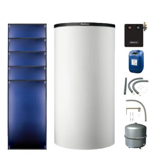 Buderus Solar-Paket Logaplus S90 weiß, 5x Flachkollektor SKT1.0 senkrecht 12,75 m², Kombispeicher P750 S, Solarstation KS0110 SM200/2 mit integr. Solarmodul, Solar Fluid, Anschluss-Set, Montage-Set Aufdach Pfanne/Ziegel - 7739612894