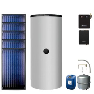 Buderus Solar-Paket Logaplus S77 silber, 5x Flachkollektor SKN4.0 senkrecht 11,85 m², Pufferspeicher PNR750-B, Frischwasserstation FS/2, Solarstation KS0110 SM200/2 mit integr. Solarmodul, Solar Fluid - 7739612998