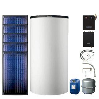 Buderus Solar-Paket Logaplus S77 weiß, 5x Flachkollektor SKN4.0 senkrecht 11,85 m², Pufferspeicher PNR750-C, Frischwasserstation FS/2, Solarstation KS0110 SM200/2 mit integr. Solarmodul, Solar Fluid, Anschluss-Set, Montage-Set Aufdach - 7739610782