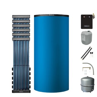 Buderus Solar-Paket Logaplus S116 blau, 6x Vakuumröhrenkollektor SKR10 CPC senkrecht 7,32 m², Kombispeicher P750 S, Solarstation KS0110 SM200/2 mit integr. Solarmodul, Solar Fluid, Anschluss-Set, Montage-Set Aufdach Pfanne/Ziegel - 7739612897