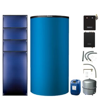 Buderus Solar-Paket Logaplus S94 blau, 4x Flachkollektor SKT1.0 senkrecht 10,20 m², Pufferspeicher PNR750-C, Frischwasserstation FS/2, Solarstation KS0110 SM200/2 mit integr. Solarmodul, Solar Fluid, Anschluss-Set, Montage-Set Aufdach - 7739610789