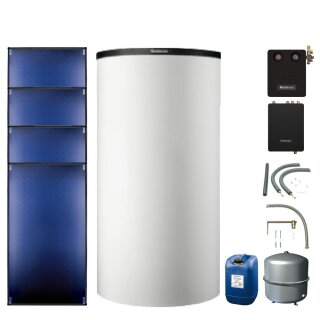 Buderus Solar-Paket Logaplus S94 weiß, 4x Flachkollektor SKT1.0 senkrecht 10,20 m², Pufferspeicher PNR750-C, Frischwasserstation FS/2, Solarstation KS0110 SM200/2 mit integr. Solarmodul, Solar Fluid, Anschluss-Set, Montage-Set Aufdach - 7739610790