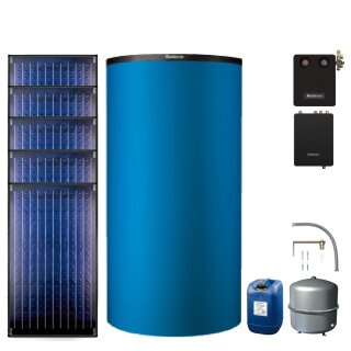 Buderus Solar-Paket Logaplus S77 blau, 5x Flachkollektor SKN4.0 senkrecht 11,85 m², Pufferspeicher PNR750-C, Frischwasserstation FS/2, Solarstation KS0110 SM200/2 mit integr. Solarmodul, Solar Fluid - 77739610783