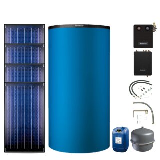 Buderus Solar-Paket Logaplus S77 blau, 4x Flachkollektor SKN4.0 senkrecht 9,48 m², Pufferspeicher PNR750-C, Frischwasserstation FS/2, Solarstation KS0110 SM200/2 mit integr. Solarmodul, Solar Fluid, Anschluss-Set, Montage-Set Aufdach - 7739610777