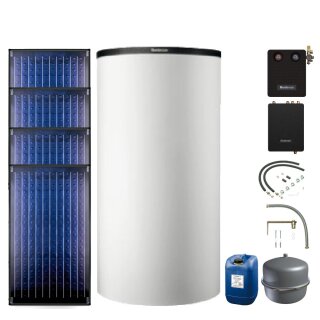 Buderus Solar-Paket Logaplus S77 weiß, 4x Flachkollektor SKN4.0 senkrecht 9,48 m², Pufferspeicher PNR750-C, Frischwasserstation FS/2, Solarstation KS0110 SM200/2 mit integr. Solarmodul, Solar Fluid, Anschluss-Set, Montage-Set Aufdach - 7739610778