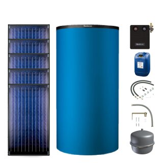Buderus Solar-Paket Logaplus S75 blau, 5x Flachkollektor SKN4.0 senkrecht 11,85 m², Kombispeicher P750 S, Solarstation KS0110 SM200/2 mit integr. Solarmodul, Solar Fluid, Anschluss-Set, Montage-Set Aufdach Pfanne/Ziegel - 7739612885