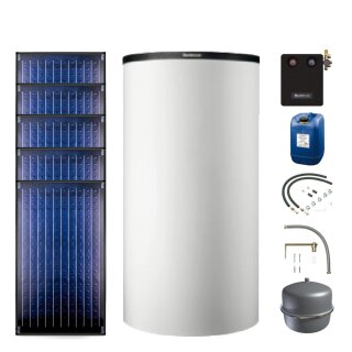 Buderus Solar-Paket Logaplus S75 weiß, 5x Flachkollektor SKN4.0 senkrecht 11,85 m², Kombispeicher P750 S, Solarstation KS0110 SM200/2 mit integr. Solarmodul, Solar Fluid, Anschluss-Set, Montage-Set Aufdach Pfanne/Ziegel - 7739612886