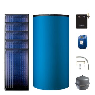 Buderus Solar-Paket Logaplus S75 blau, 5x Flachkollektor SKN4.0 senkrecht 11,85 m², Kombispeicher P750 S, Solarstation KS0110 SM200/2 mit integr. Solarmodul, Solar Fluid, Anschluss-Set - 7739612887