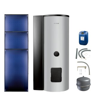Buderus Solar-Paket Logaplus S88 für Trinkwasser 7,65 m² silber, 3x Flachkollektor SKT1.0 senkrecht, WW-Speicher SMS400-C mit integr. Solarstation KS0105T SM100 mit Solarmodul, Solar Fluid, Anschluss-Set, Montage-Set Pfanne/Ziegel - 7739612848