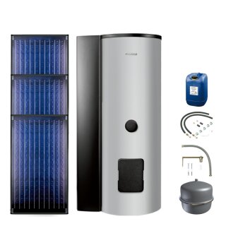 Buderus Solar-Paket Logaplus S70 für Trinkwasser 7,11 m² silber, 3x Flachkollektor SKN4.0 senkrecht, WW-Speicher SMS400 mit integr. Solarstation KS0105T SM100, Solar Fluid, Anschluss-Set, Montage-Set Pfanne/Ziegel - 7739612867