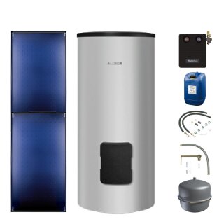 Buderus Solar-Paket Logaplus S86 für Trinkwasser 5,1 m² silber, 2x Flachkollektor SKT1.0 senkrecht, WW-Speicher SM300, Solarstation KS0110 SM100/2 mit integr. Solarmodul, Solar Fluid, Anschluss-Set, Montage-Set Pfanne/Ziegel - 7739612842 