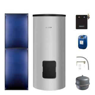 Buderus Solar-Paket Logaplus S86 für Trinkwasser 5,1 m² silber, 2x Flachkollektor SKT1.0 senkrecht, WW-Speicher SM300, Solarstation KS0110 SM100/2 mit integr. Solarmodul, Solar Fluid - 7739612843