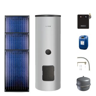 Buderus Solar-Paket Logaplus S69 für Trinkwasser 7,11 m² silber, 3x Flachkollektor SKN4.0 senkrecht, WW-Speicher SM400, Solarstation KS0110 SM100/2 mit integr. Solarmodul, Solar Fluid - 7739612859