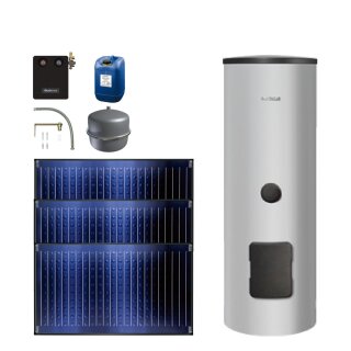 Buderus Solar-Paket Logaplus S69 für Trinkwasser 7,11 m² silber, 3x Flachkollektor SKN4.0 waagerecht, WW-Speicher SM400, Solarstation KS0110 SM100/2 mit integr. Solarmodul, Solar Fluid - 7739612862