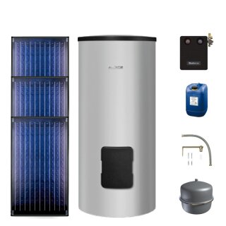 Buderus Solar-Paket Logaplus S69 für Trinkwasser 7,11 m² silber, 3x Flachkollektor SKN4.0 senkrecht, WW-Speicher SM300, Solarstation KS0110 SM100/2 mit integr. Solarmodul, Solar Fluid - 7739612857