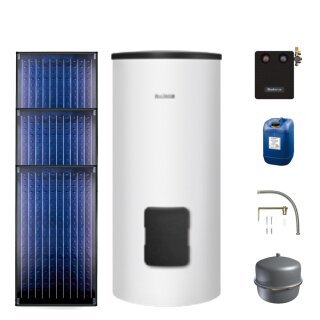 Buderus Solar-Paket Logaplus S69 für Trinkwasser 7,11 m² weiß, 3x Flachkollektor SKN4.0 senkrecht, WW-Speicher SM300, Solarstation KS0110 SM100/2 mit integr. Solarmodul, Solar Fluid - 7739601796