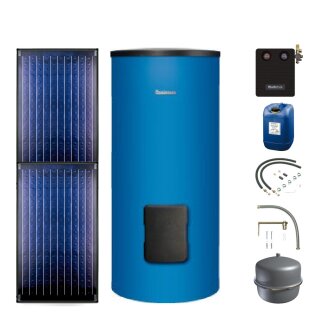 Buderus Solar-Paket Logaplus S69 für Trinkwasser 4,74 m² blau, 2x Flachkollektor SKN4.0 senkrecht, WW-Speicher SM300, Solarstation KS0110 SM100/2 mit integr. Solarmodul, Solar Fluid, Anschluss-Set, Montage-Set Pfanne/Ziegel - 7739601787