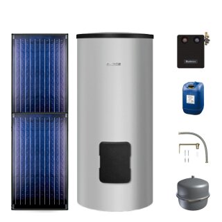 Buderus Solar-Paket Logaplus S69 für Trinkwasser 4,74 m² silber, 2x Flachkollektor SKN4.0 senkrecht, WW-Speicher SM300, Solarstation KS0110 SM100/2 mit integr. Solarmodul, Solar Fluid - 7739612855
