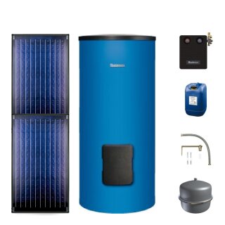 Buderus Solar-Paket Logaplus S69 für Trinkwasser 4,74 m² blau, 2x Flachkollektor SKN4.0 senkrecht, WW-Speicher SM300, Solarstation KS0110 SM100/2 mit integr. Solarmodul, Solar Fluid - 7739601793