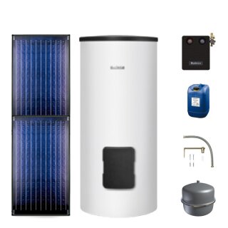 Buderus Solar-Paket Logaplus S69 für Trinkwasser 4,74 m² weiß, 2x Flachkollektor SKN4.0 senkrecht, WW-Speicher SM300, Solarstation KS0110 SM100/2 mit integr. Solarmodul, Solar Fluid - 7739601794